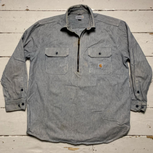 Carhartt Navy and White Striped Quarter Zip Heavy Shirt