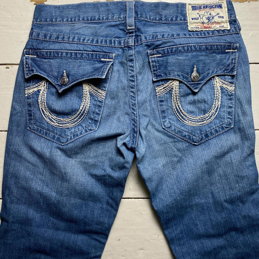 True Religion Blue and White Stitch Straight Baggy Jeans