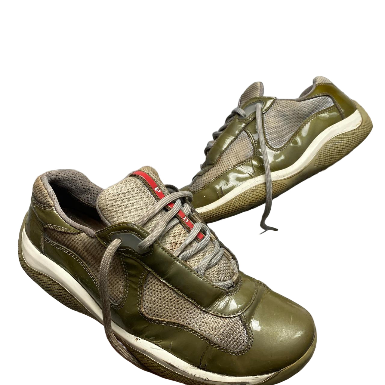 Prada Americas Cup Vintage Khaki Patent and Grey Low Trainers (UK 5.5)