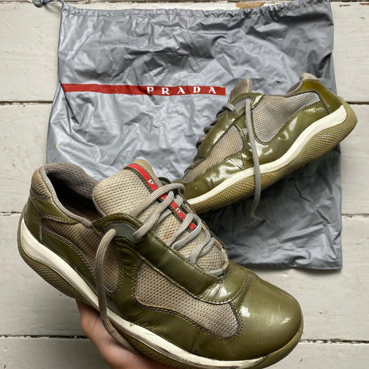 Prada Americas Cup Vintage Khaki Patent and Grey Low Trainers