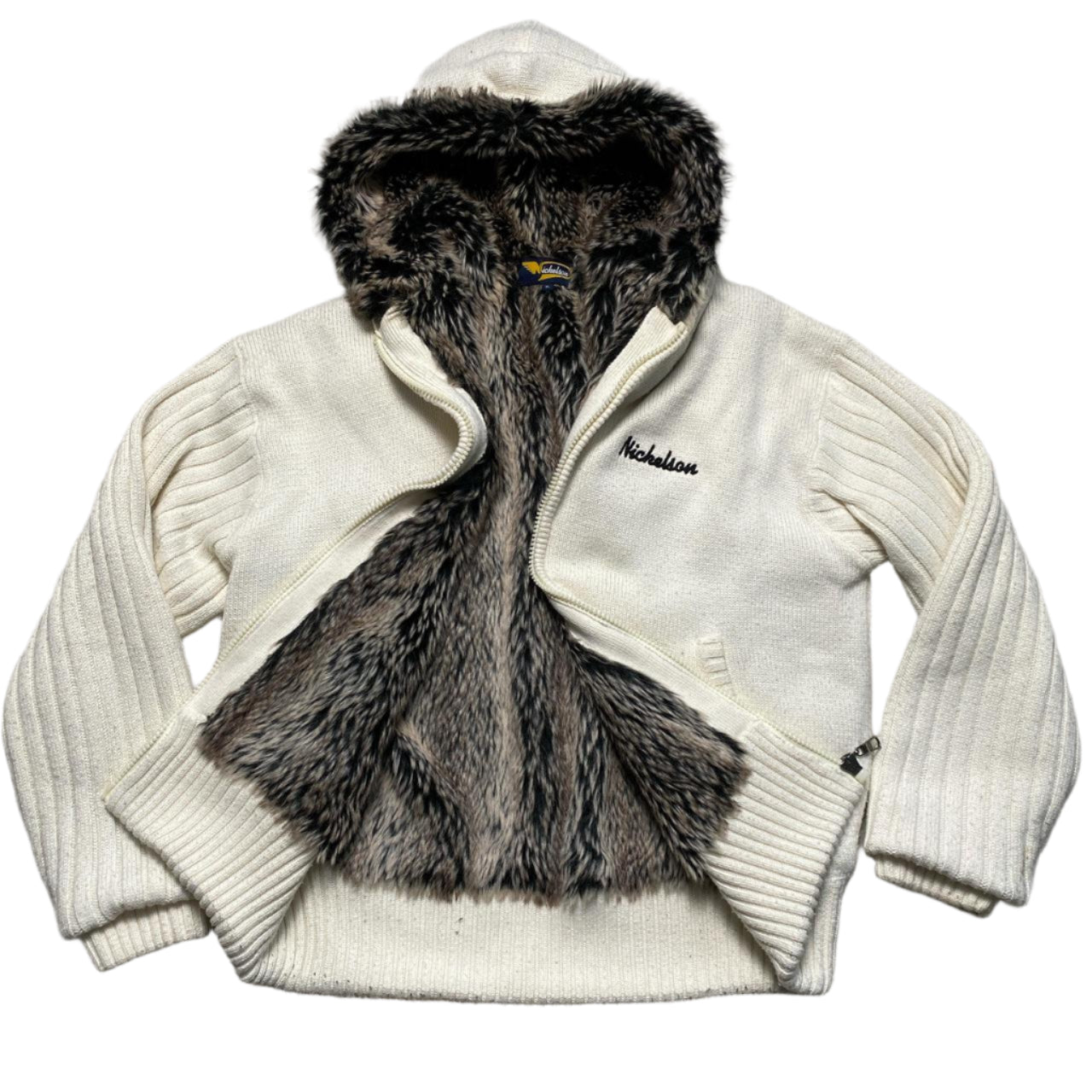 Nickleson Vintage y2k Fur Lined Cream White Zip Hoodie (XL)