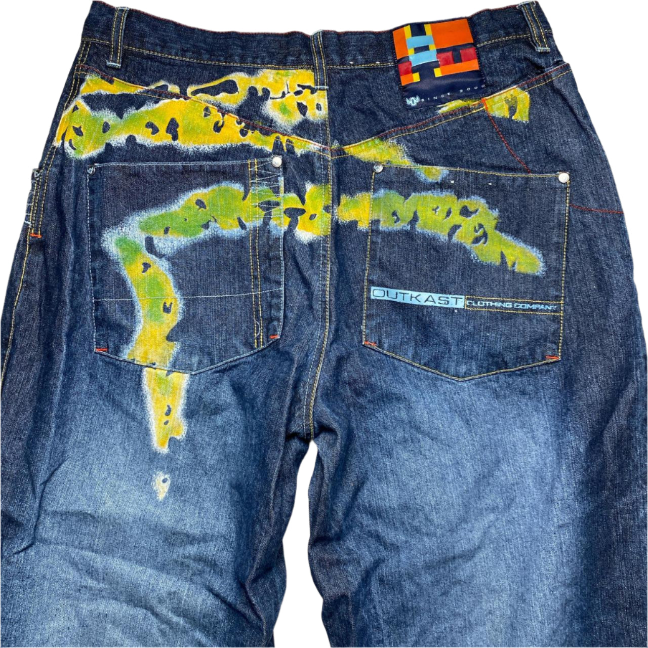 Outkast Clothing Vintage y2k Baggy Multi Rainbow Colour Prints Jeans (36W)