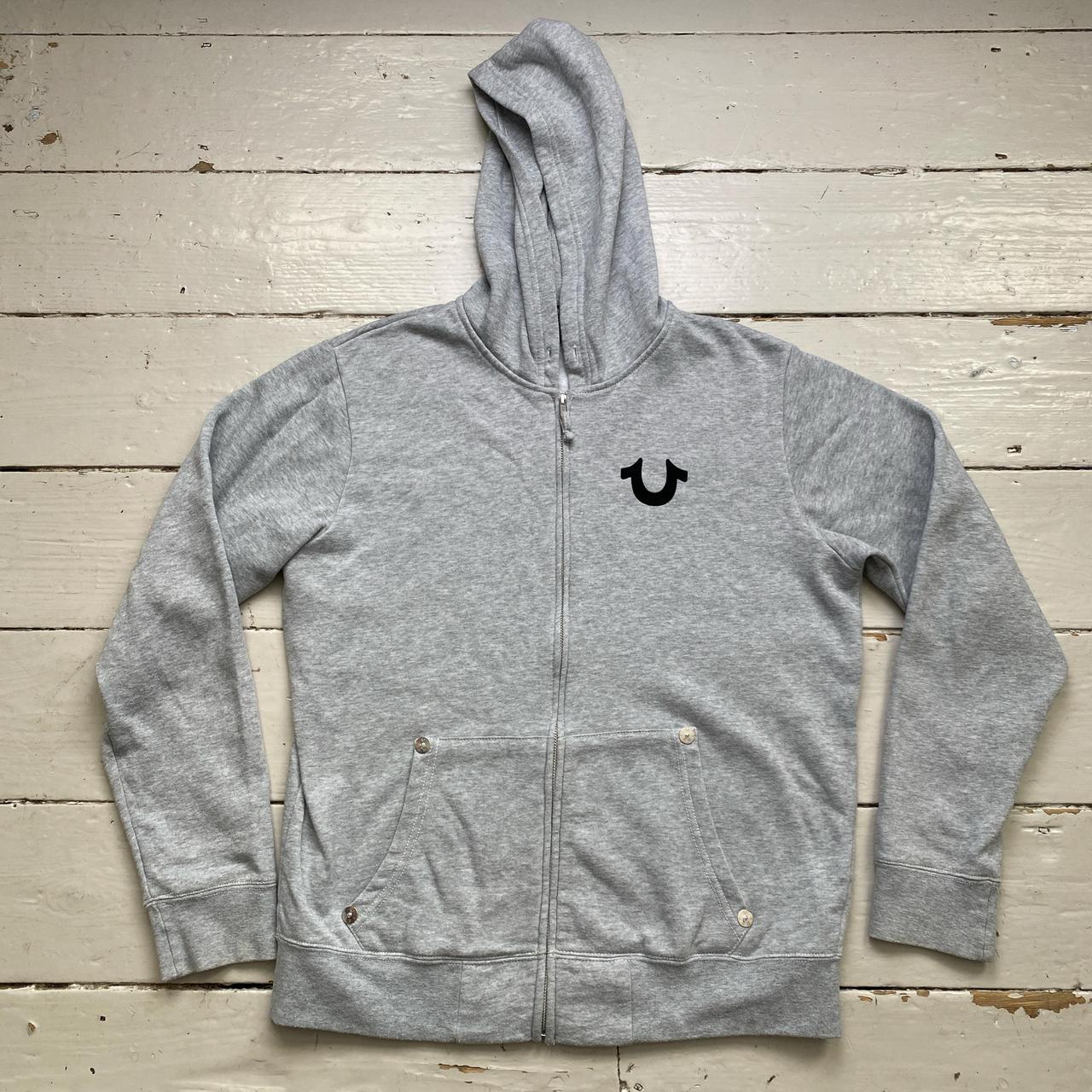 True Religion Grey and Black Suede Felt Logos Hoodie