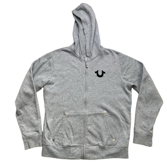 True Religion Grey and Black Suede Felt Logos Hoodie (L)