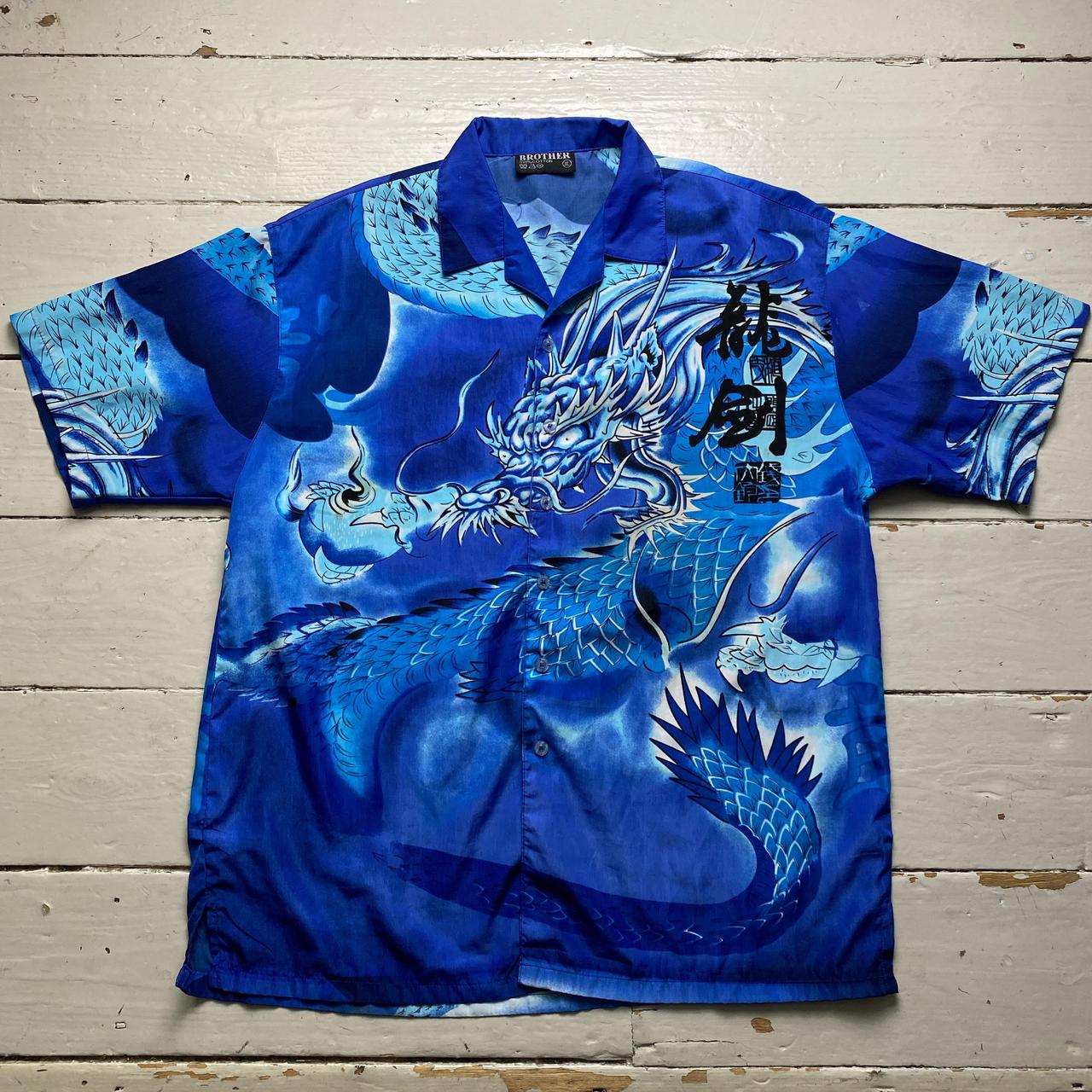 Dragon Y2K Japanese Silk Blue Short Sleeve Shirt