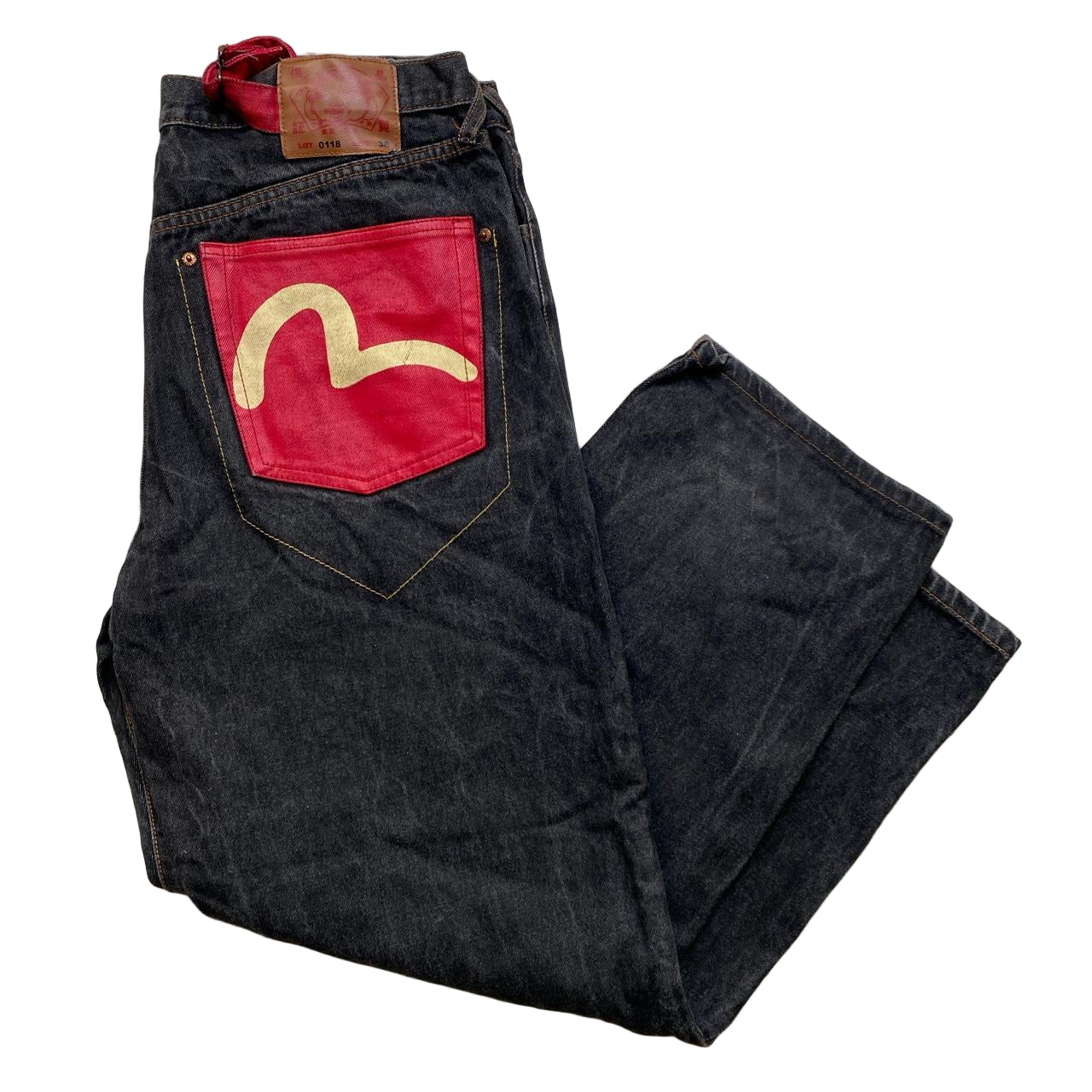 Evisu Vintage Lot 0118 Charcoal and Red White Daicock Swoosh Baggy Jeans (38W)