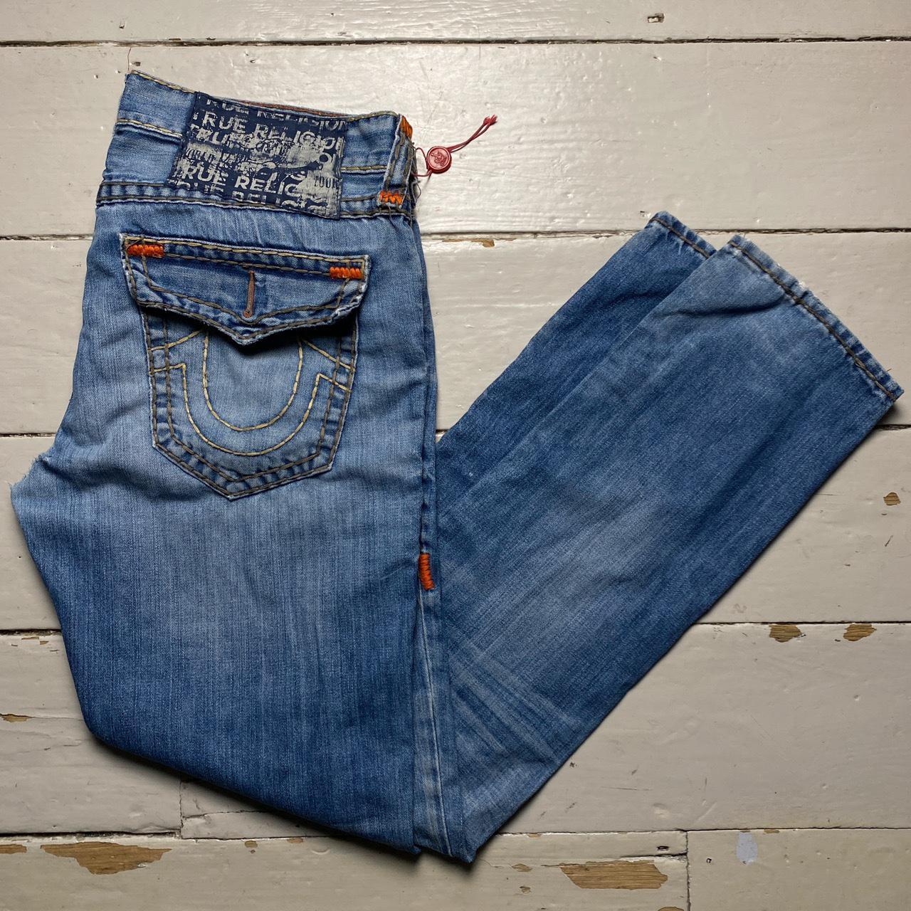 True Religion Rocco Light Blue Big Yellow and Orange Stitch Baggy Jeans