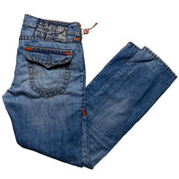 True Religion Rocco Light Blue Big Yellow and Orange Stitch Baggy Jeans (36W)