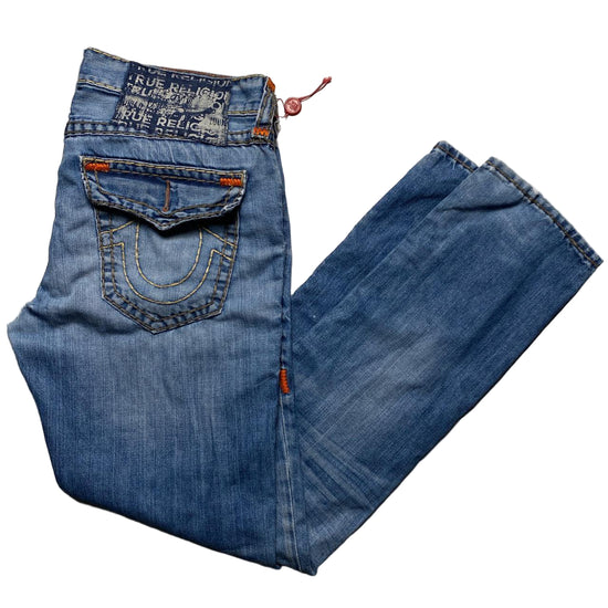 True Religion Rocco Light Blue Big Yellow and Orange Stitch Baggy Jeans (36W)