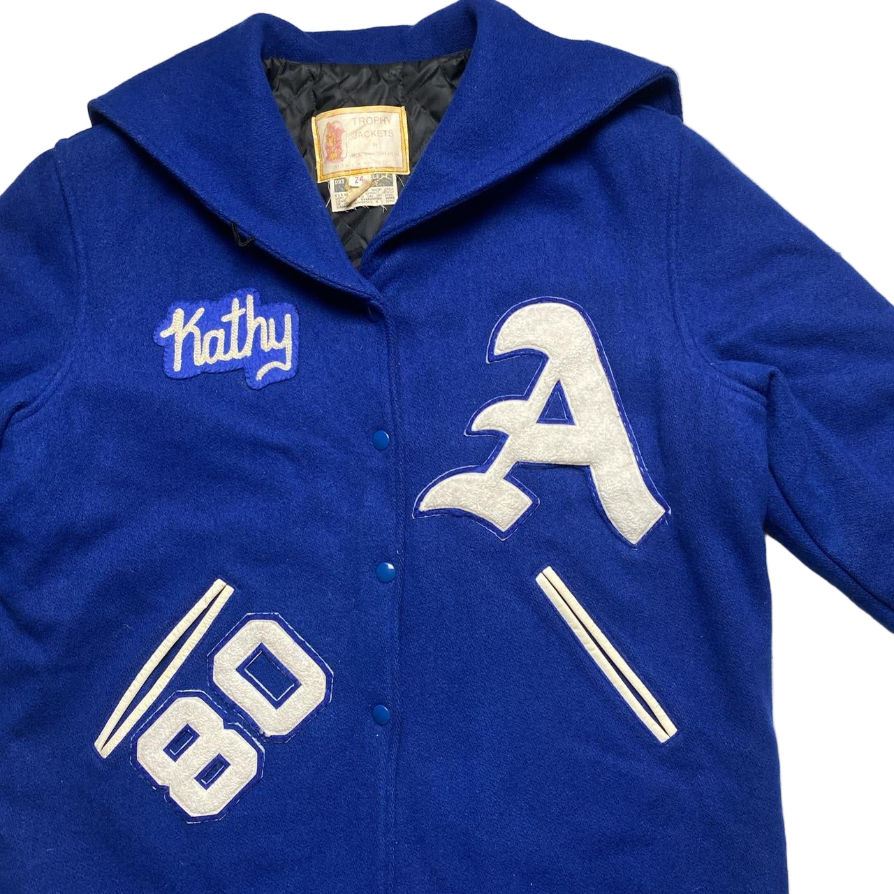 Trophy Jackets Atlanta Falcons Kathy Vintage Blue and White Wool Varsity Jacket (L)