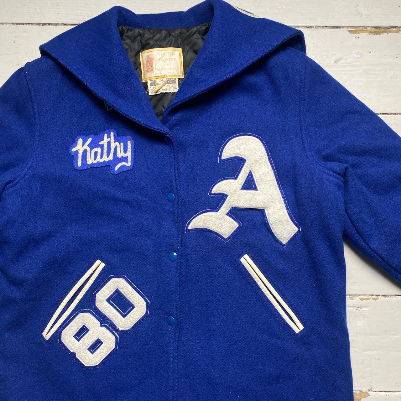 Trophy Jackets Atlanta Falcons Kathy Vintage Blue and White Wool Varsity Jacket