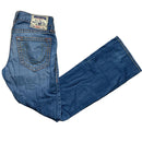 True Religion Straight Baggy Big Yellow and Orange Stitch Blue Jeans (31W)