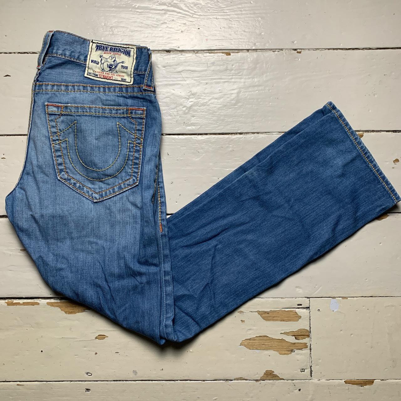 True Religion Straight Baggy Big Yellow and Orange Stitch Blue Jeans