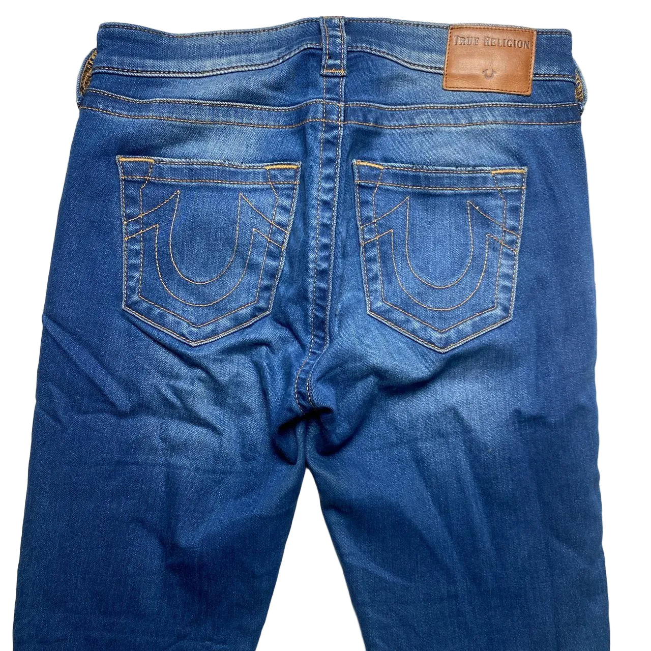 True Religion Jennie Slim Womens Navy and Gold Stitch Jeans (28W)