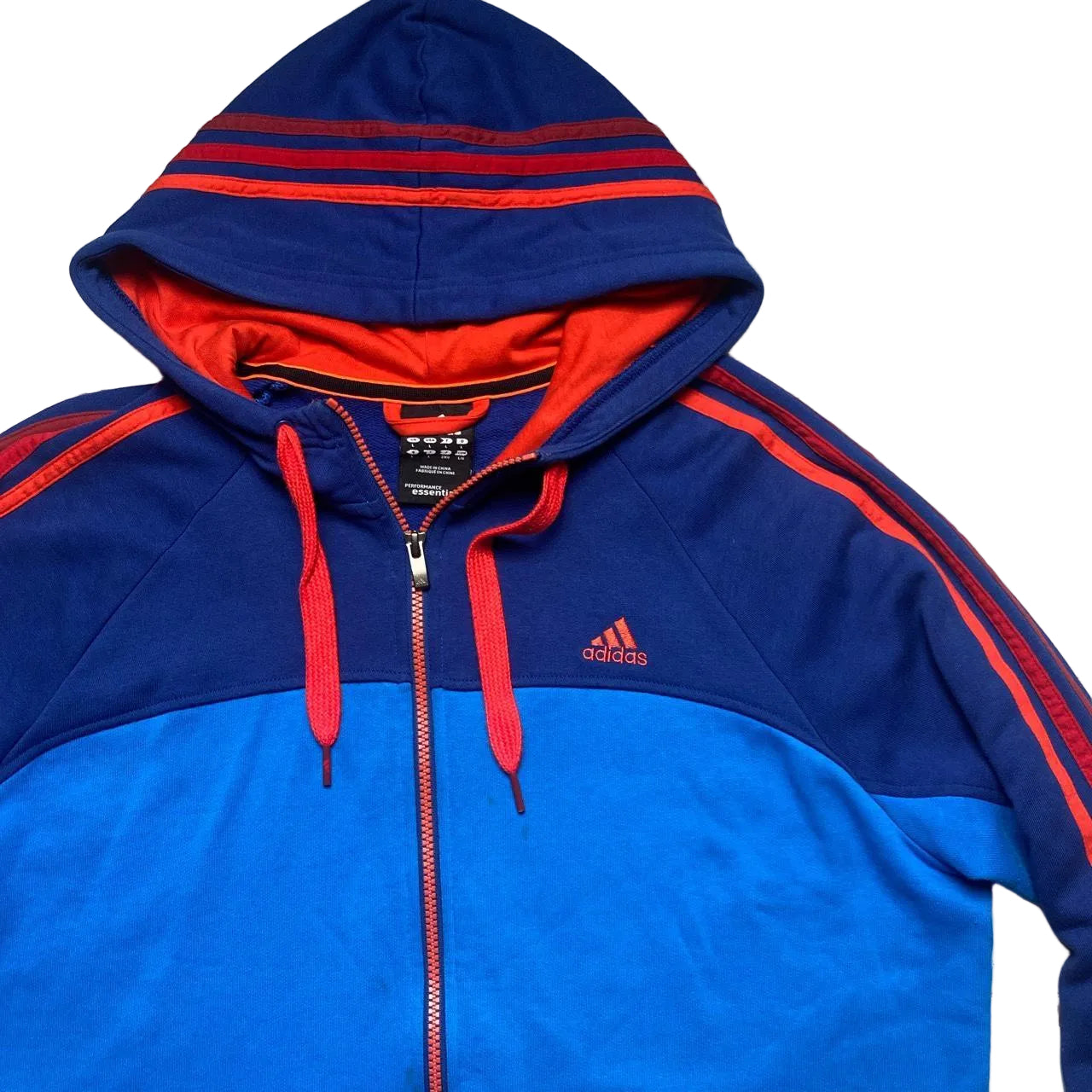 Adidas Performance Essentials Three Stripe Blue Red and Orange Hoodie (L)