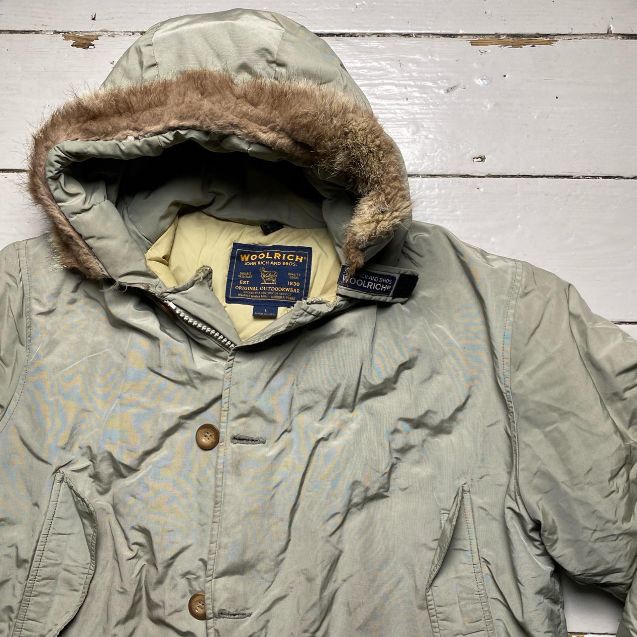 Woolrich John Rich and Bros Light Khaki Green Parka Fur Trim Coat