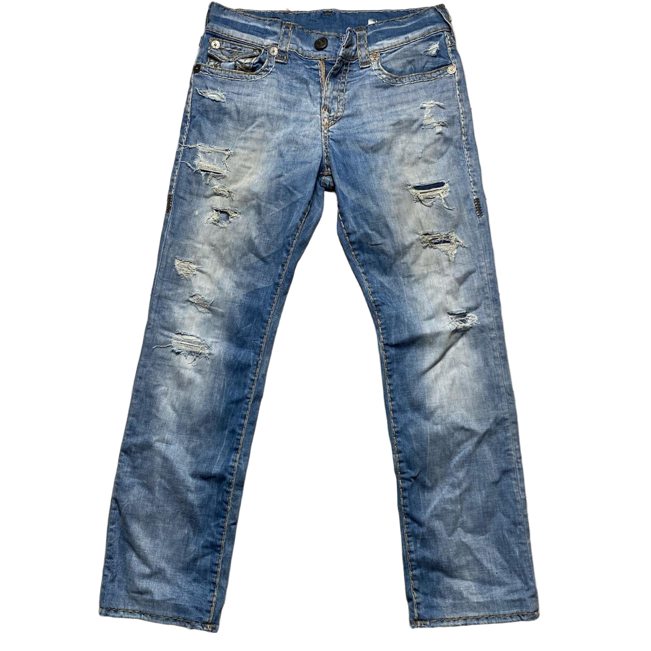 True Religion Light Blue Grey and White Big Stitch Ricky Baggy Jeans (30W)