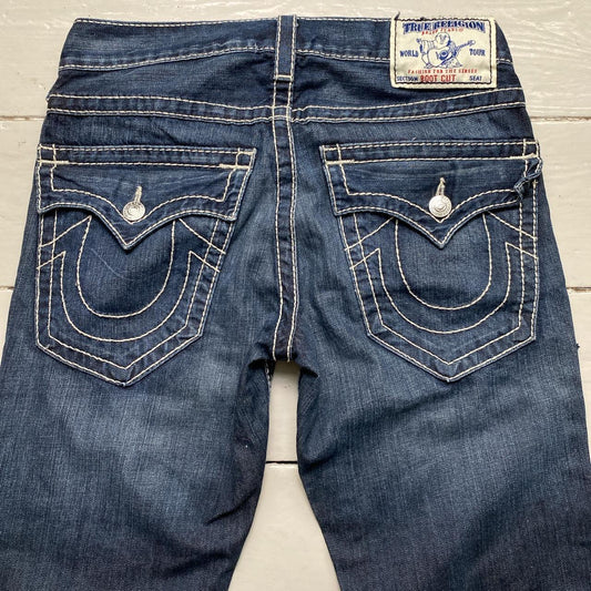 True Religion Boot Cut Baggy Navy and White Big Stitch Jeans