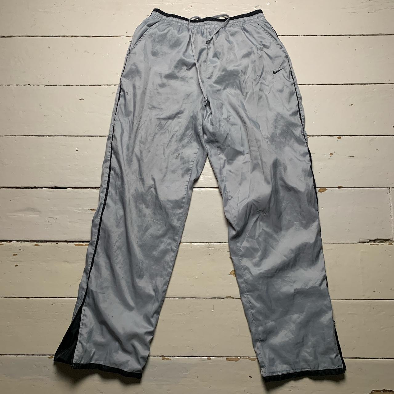 Nike Vintage Swoosh Leg Spellout Baggy Silver and Black Shell Track Pant Bottoms