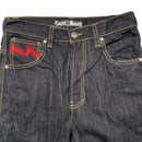 Count Money Vintage Y2K Indigo Big Gold Stitch Jeans Red Faux Leather Swoosh (30W)