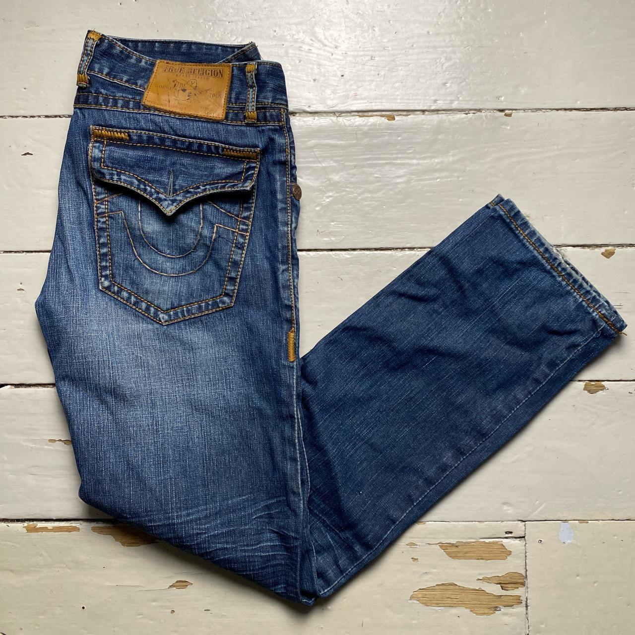 True Religion Billy Super T Navy and Brown Stitch Jeans