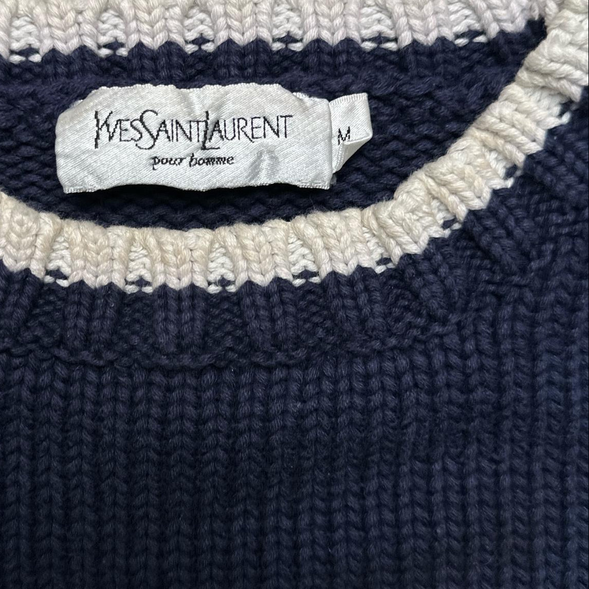 YSL Yves Saint Laurent Vintage Navy and White Cable Knit Knitted Thick Jumper (M)