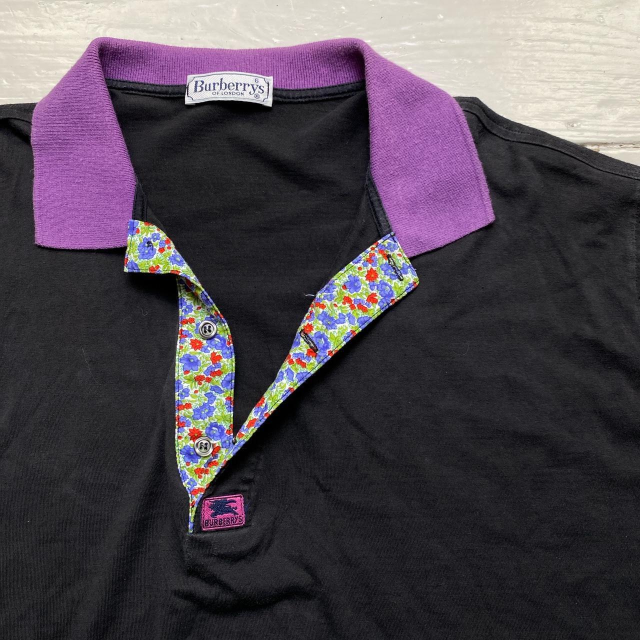 Burberrys Vintage Black Purple Floral Polo Shirt