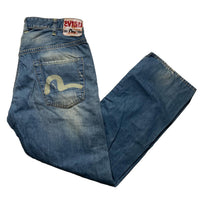 Evisu EU ED Vintage Light Blue Stonewash White Daicock Swoosh Baggy Jeans (34W)