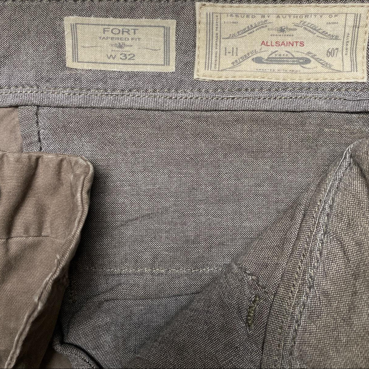 All Saints Fort Low Crotch Tapered Khaki Brown Cargo Chino Trousers (32W)