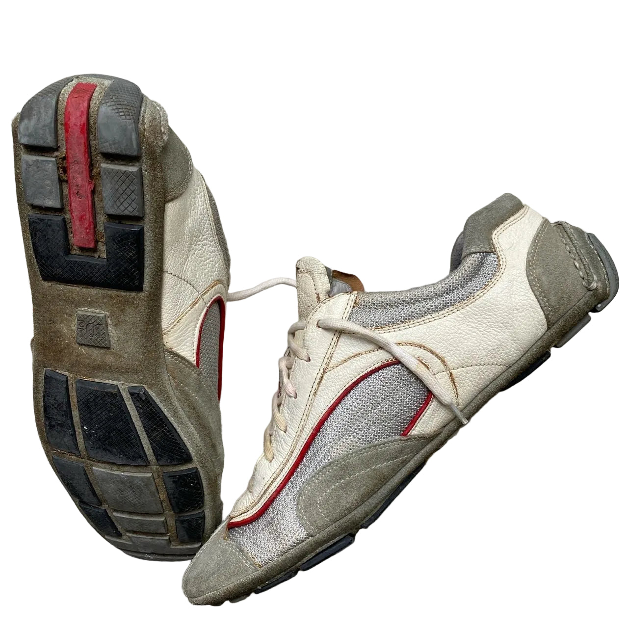 Prada Leather White Grey and Red Driving Loafer Shoes (UK 10.5)
