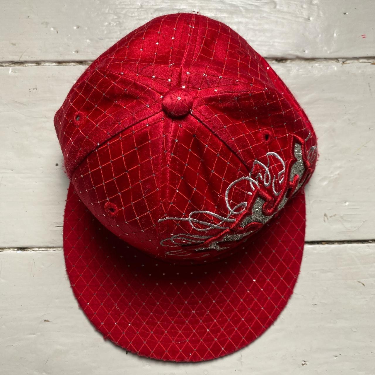 NY New York Fitted Red and Diamante Silver Cap