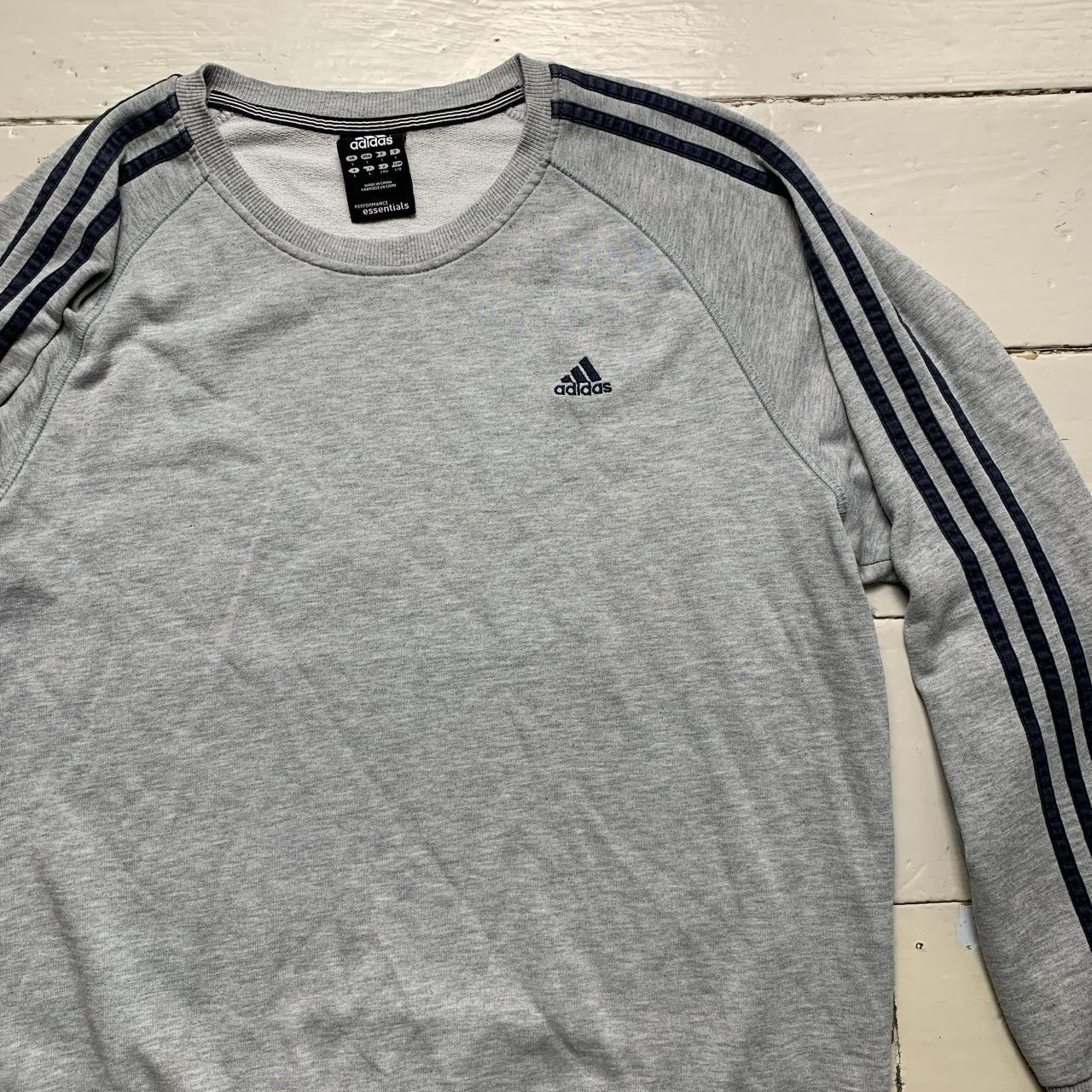 Adidas Performance Essentials Grey and Navy 3 Stripe Jumper