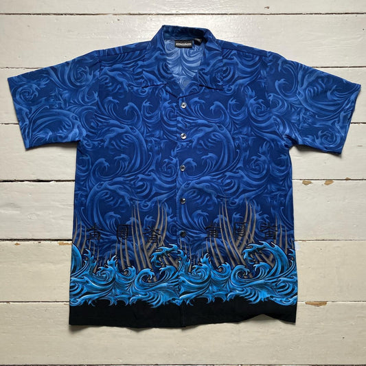 ODO Vintage y2k Flames and Waves Japanese Silk Shirt