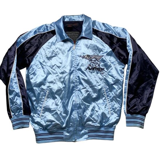 Avirex Satin Baby Blue and Navy Bomber Jacket (L)