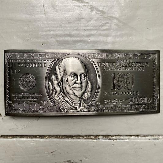 100 Dollar Bill Benjamin Franklin Vintage Belt Buckle Silver