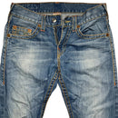 True Religion Straight Baggy Big Yellow and Orange Stitch Blue Jeans (31W)