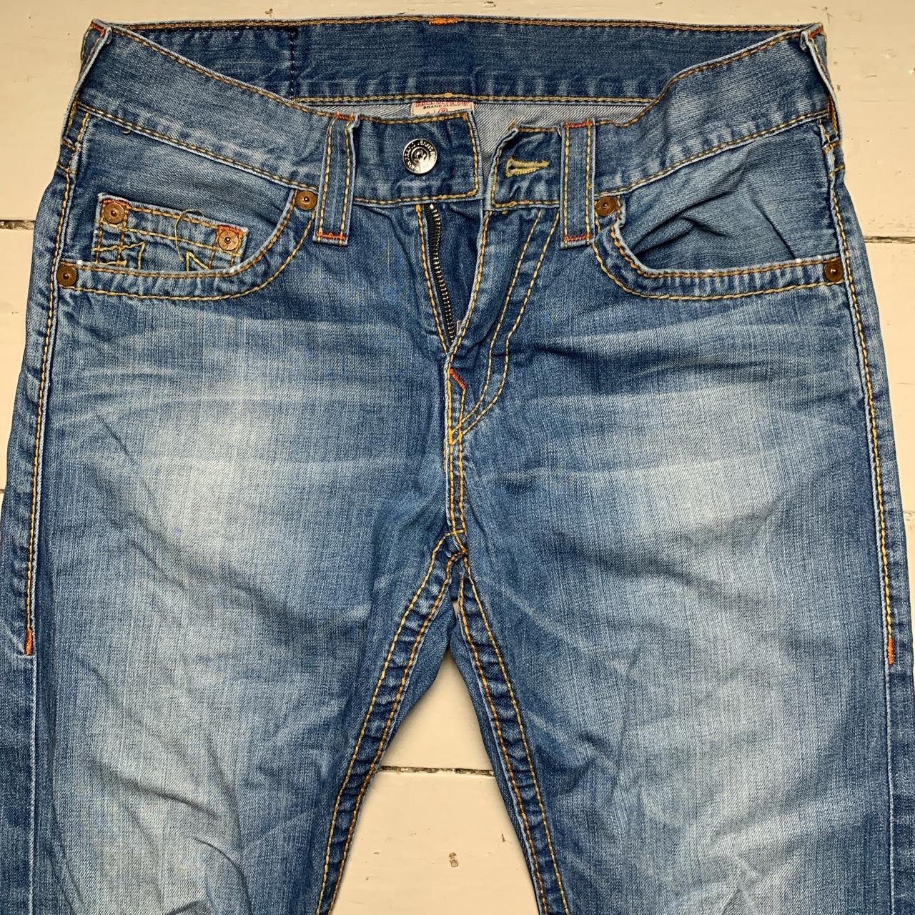 True Religion Straight Baggy Big Yellow and Orange Stitch Blue Jeans