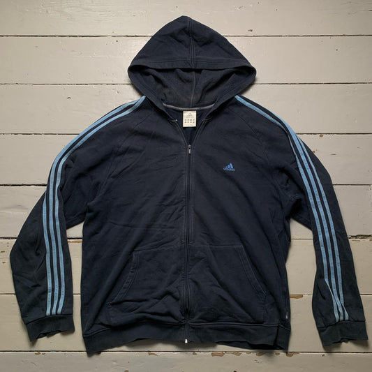 Adidas Essentials Vintage 3 Stripe Hoodie Navy and Baby Blue