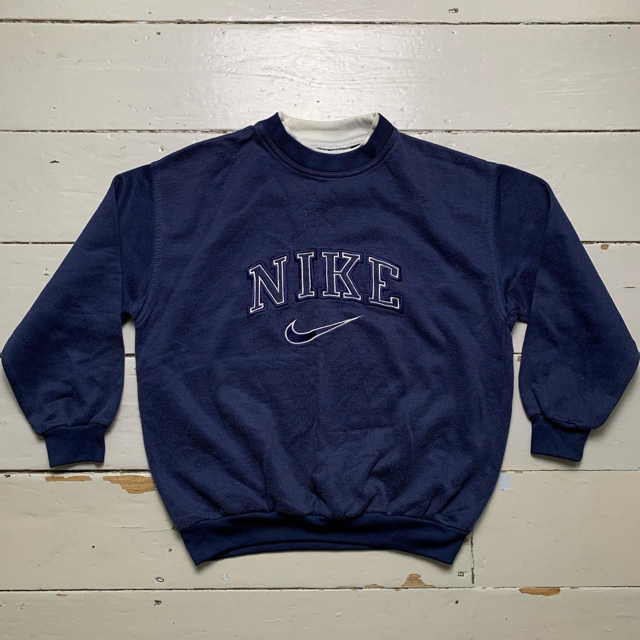 Nike Vintage 90’s Swoosh Spellout Navy and White Jumper