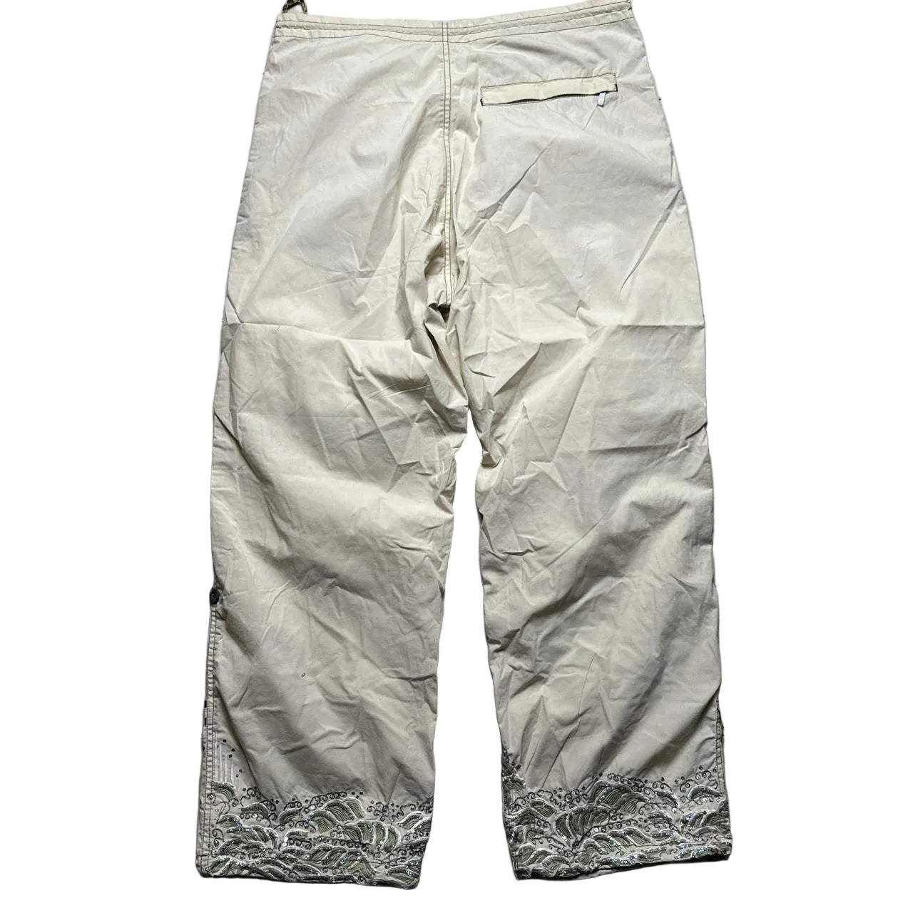 Maharishi Vintage Light Sand Beige Khaki Sequin Embroidered Combat Parachute Baggy Trousers (XS)