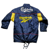 Liverpool 1990’s 97/98 Carlsberg Reebok Vintage Navy Yellow and Red Puffer Bench Jacket (XS)
