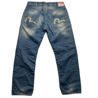 Evisu EU ED Vintage Light Blue Stonewash White Daicock Swoosh Baggy Jeans (34W)
