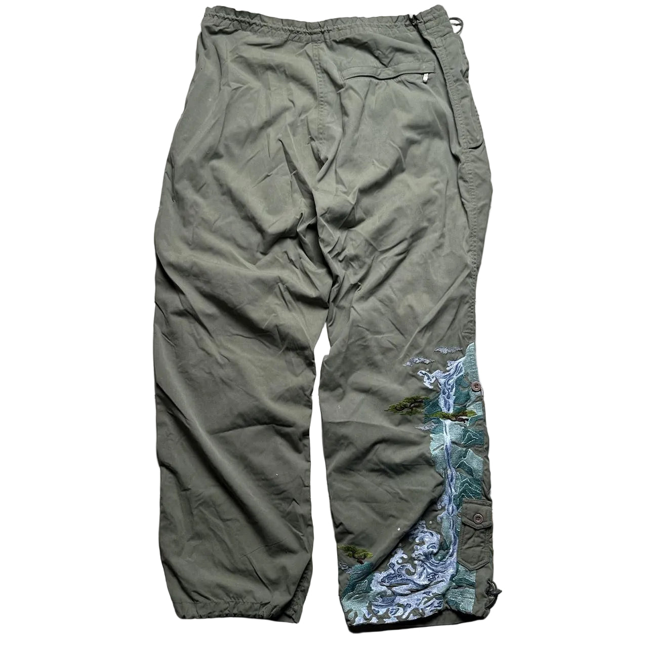 Maharishi Khaki Green Wave and Trees Embroidered Parachute Baggy Cargo Trousers (32W)