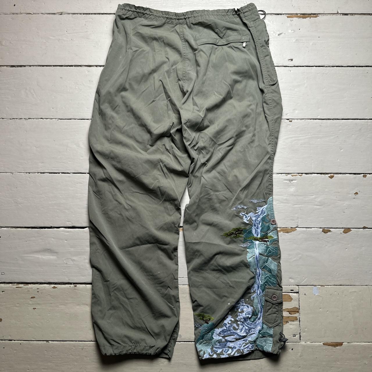 Maharishi Khaki Green Wave and Trees Embroidered Parachute Baggy Cargo Trousers