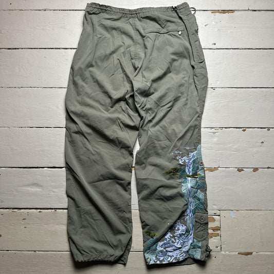 Maharishi Khaki Green Wave and Trees Embroidered Parachute Baggy Cargo Trousers