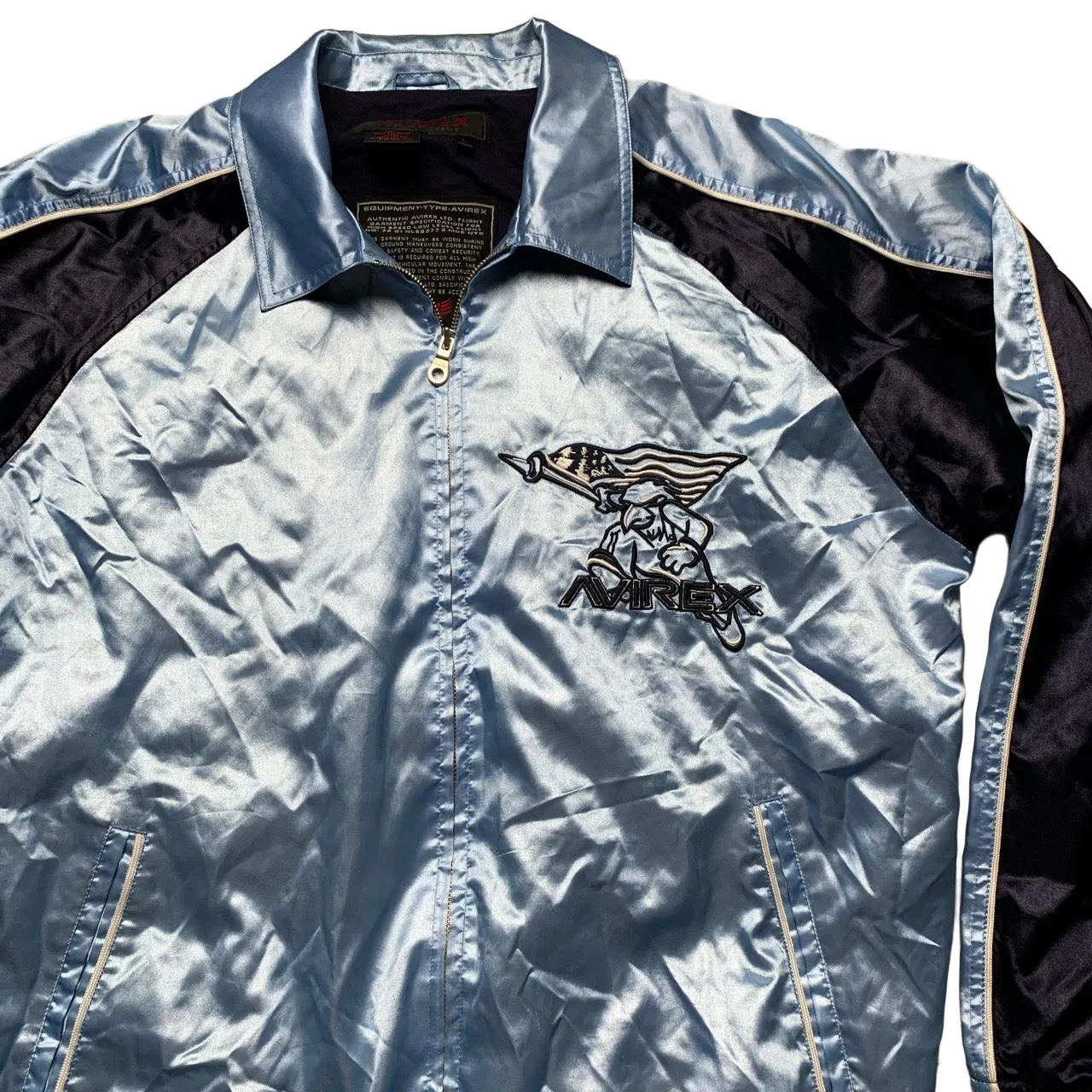 Avirex Satin Baby Blue and Navy Bomber Jacket (L)