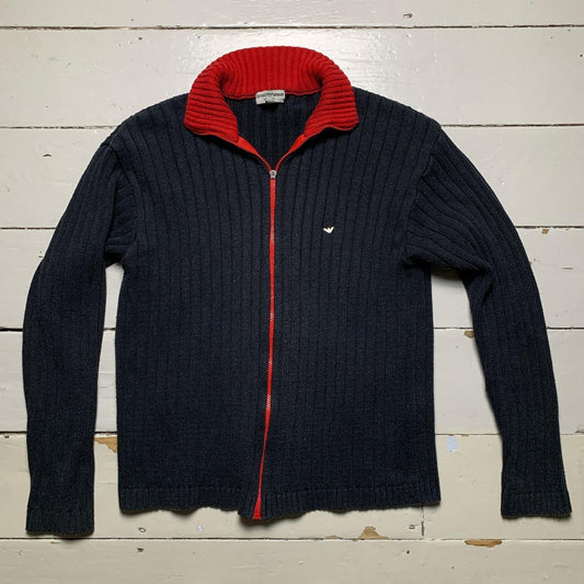 Emporio Armani Vintage Zip Cardigan Jumper Navy and Red