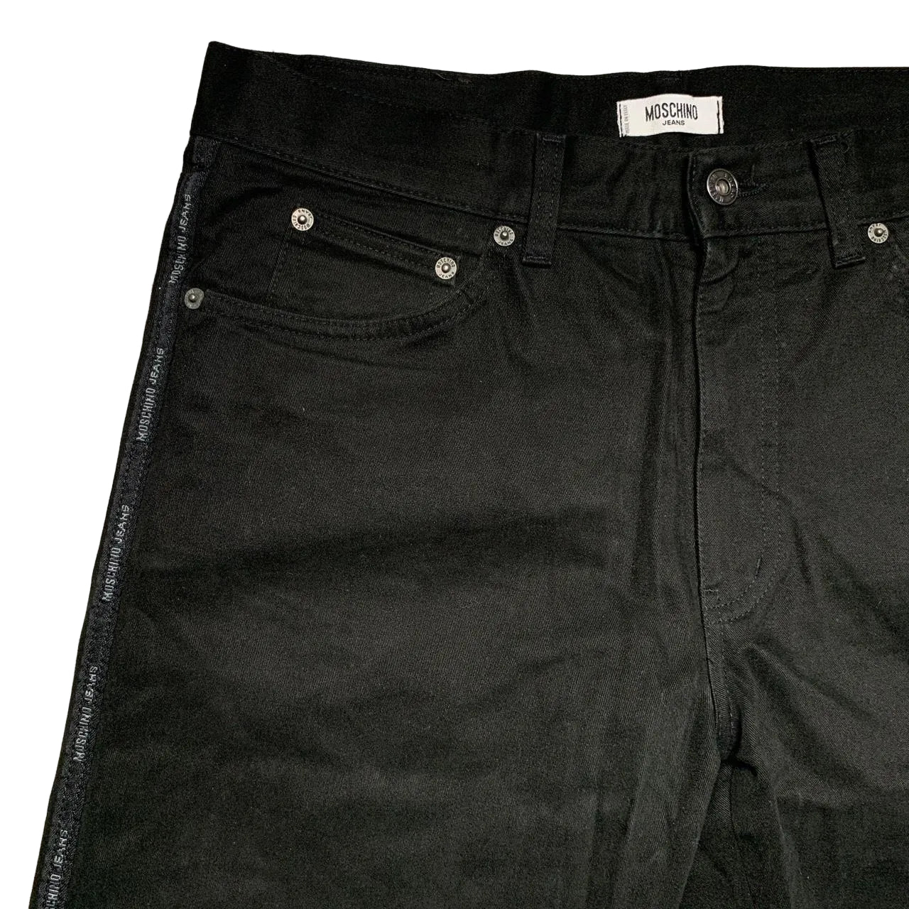 Moschino Jeans Vintage Black and Grey Stitch Jeans with Tape Repeat Logo (34W)