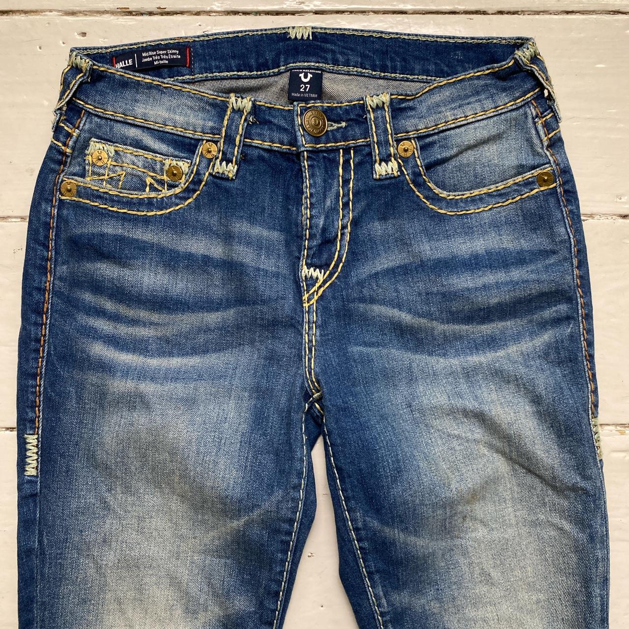 True Religion Halle Womens Blue and Big Yellow Stitch Jeans