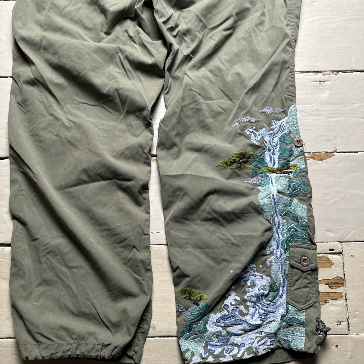 Maharishi Khaki Green Wave and Trees Embroidered Parachute Baggy Cargo Trousers